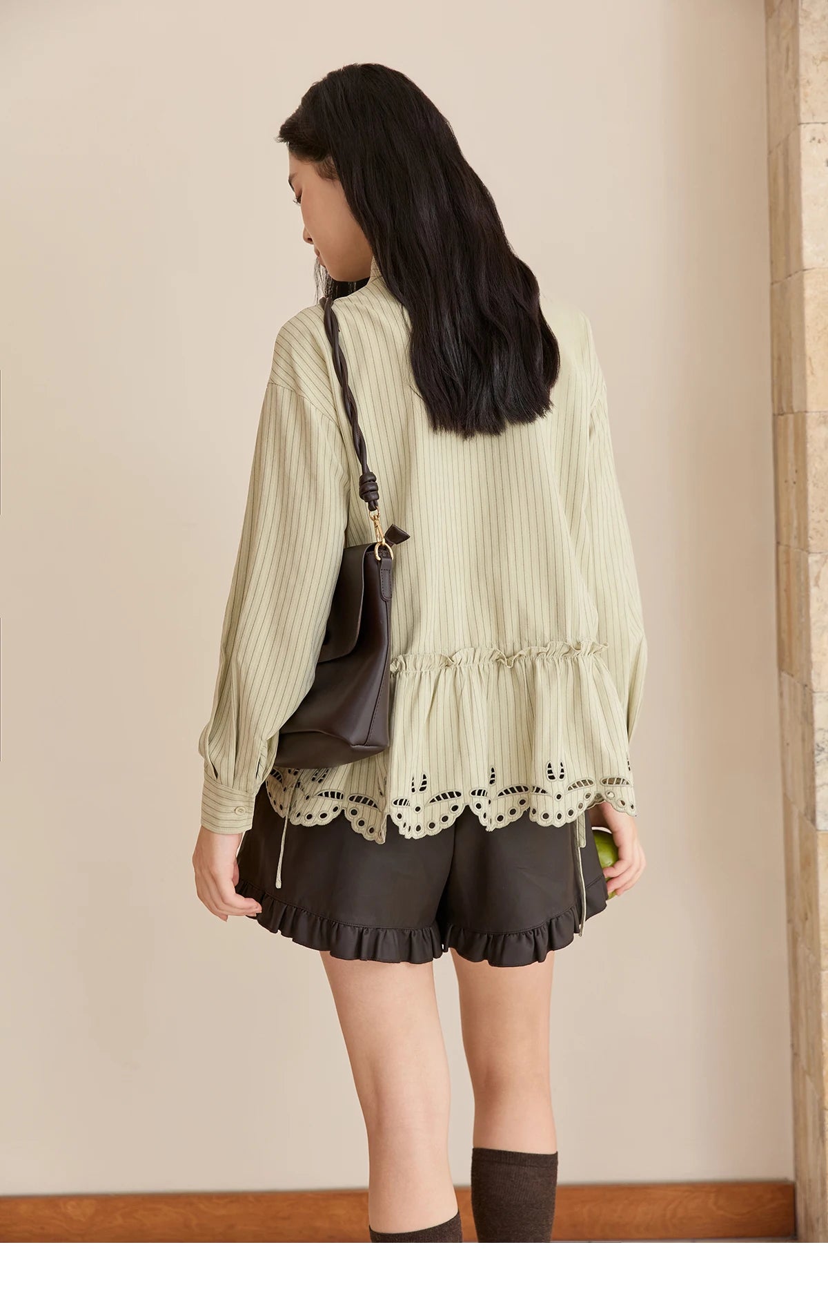 MISHOW Green Striped Shirt for Women 2025 Autumn New Fashion Design Embroidery Loose Casual Tops Commuting Shirt MXE49C2414