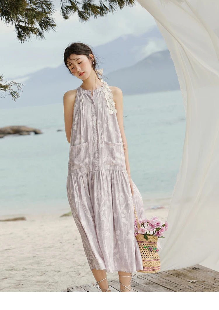 MISHOW Purple Print Chiffon Holiday Dress Women 2025 Summer Sleeveless Stand Collar Slim Dresses Woman New Fashion MXE32L2163