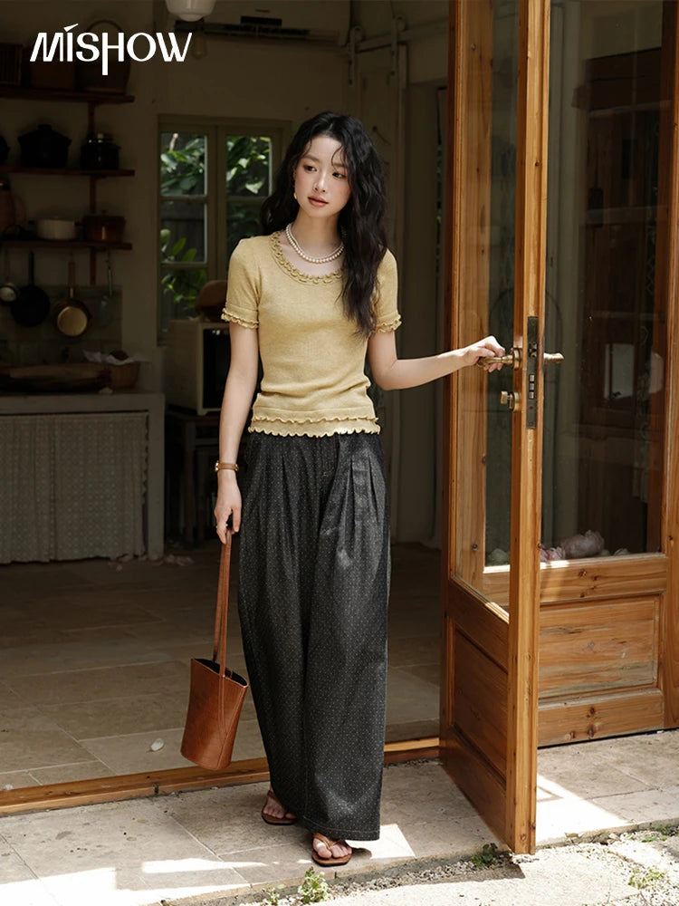 MISHOW Women's Fashion Polka Dot Pants Summer 2025 New High Waist Straight Pants Casual Button Zipper Wide Leg Jeans MXE38K0956