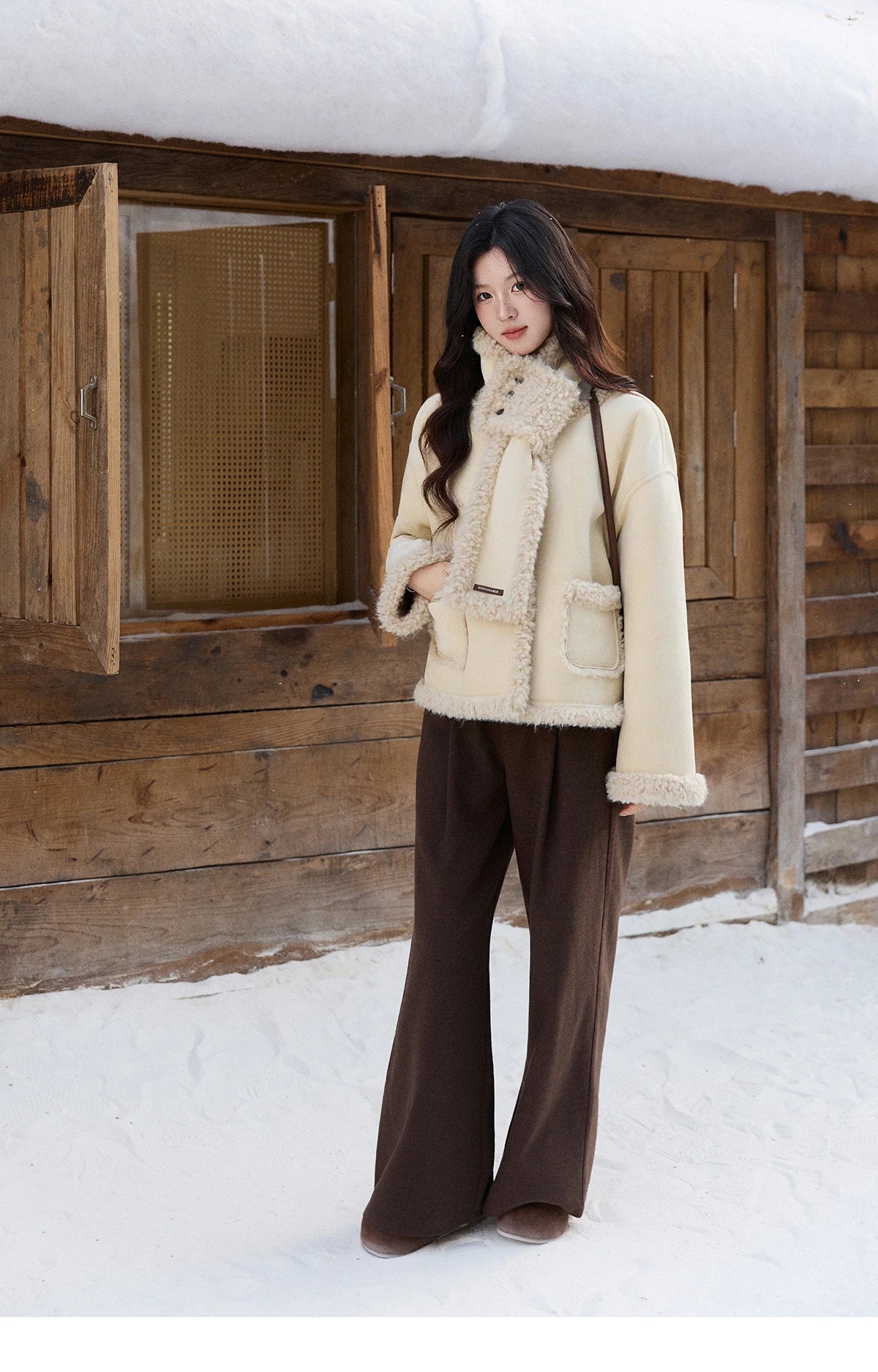 MISHOW Women's Cream Yellow Faux Suede Coat 2025 Winter Included Scarf Thickened Coats Soft Fleece Lined Outerwear MXE91W1019