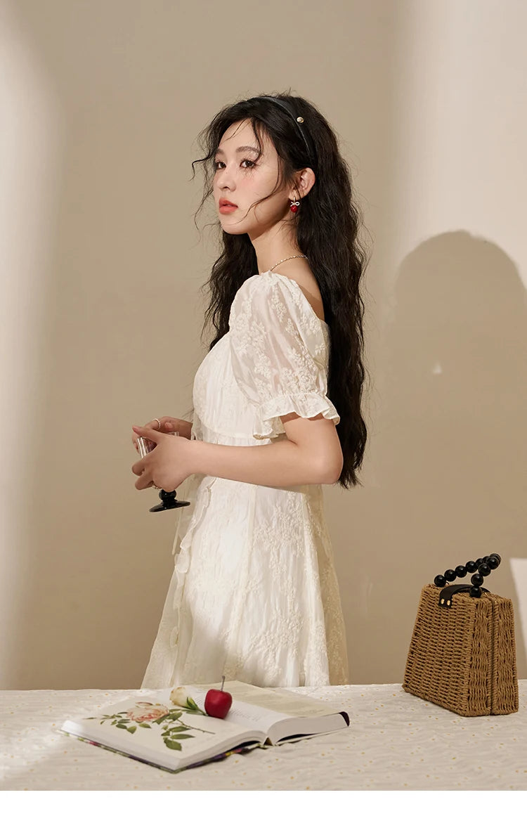 MISHOW Square Neck Vertical Stripe Ruffle Edge Dress 2025 Summer Tea Break French Bubble Sleeve Vacation Long Dresses MXD27L1808