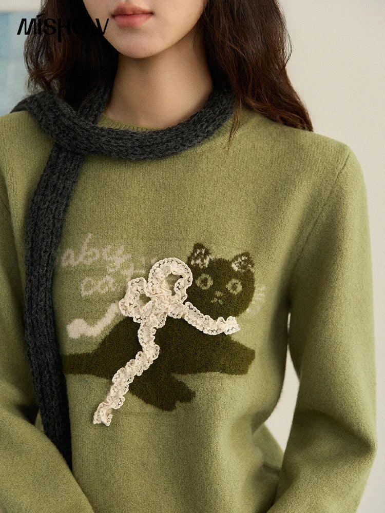 MISHOW Cat Jacquard Pullovers for Woman 2025 Winter Lazy Style Round Neck Three-dimensional Bow Loose Knit Sweater MXE86Z2750