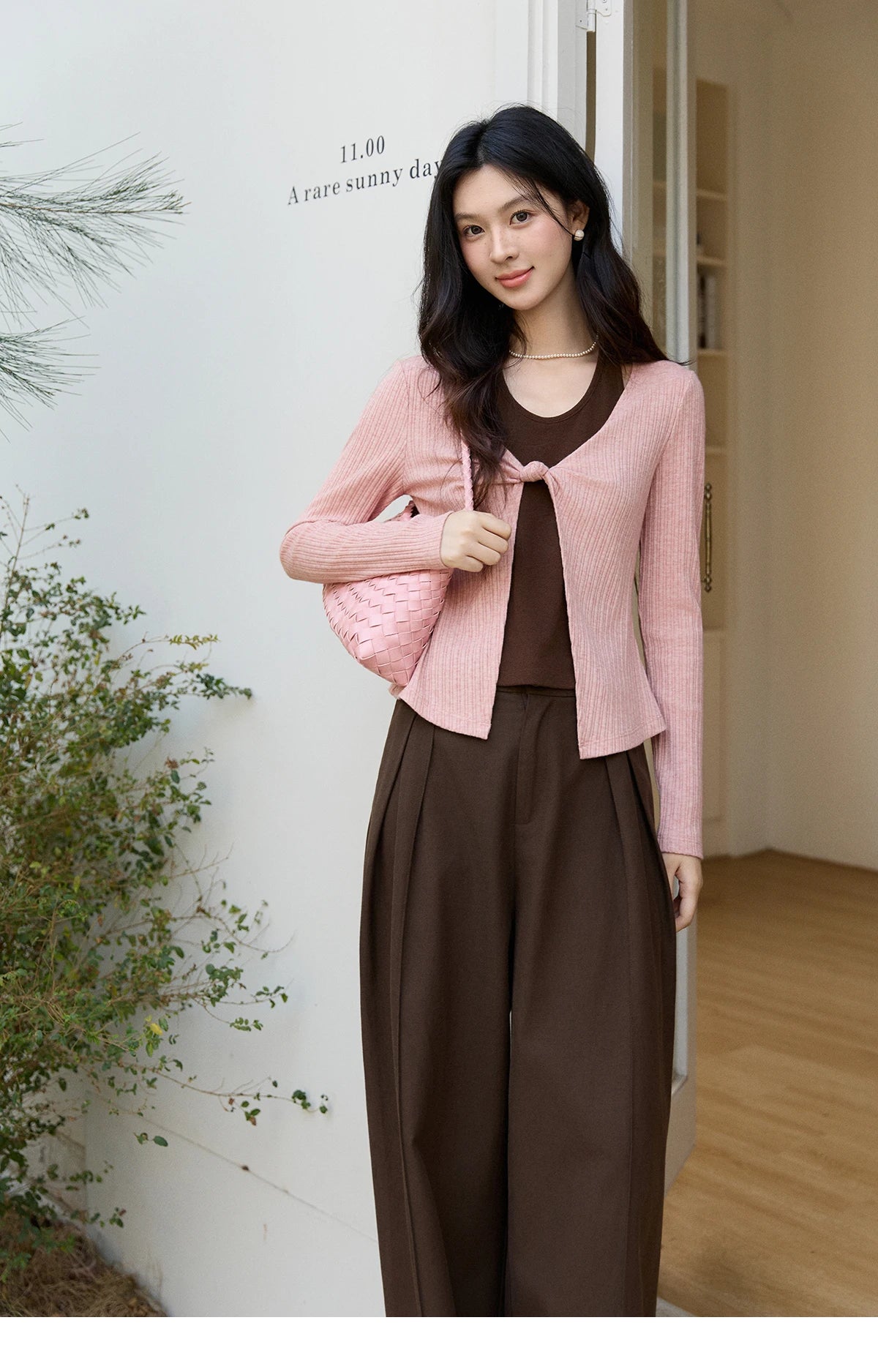 MISHOW Women's Pink Brown Fake Two-Piece Top 2026 Spring Ribbed Knit Knot Front Thin Top U-Neck Long Sleeve Slim Tops MXF11Z2912