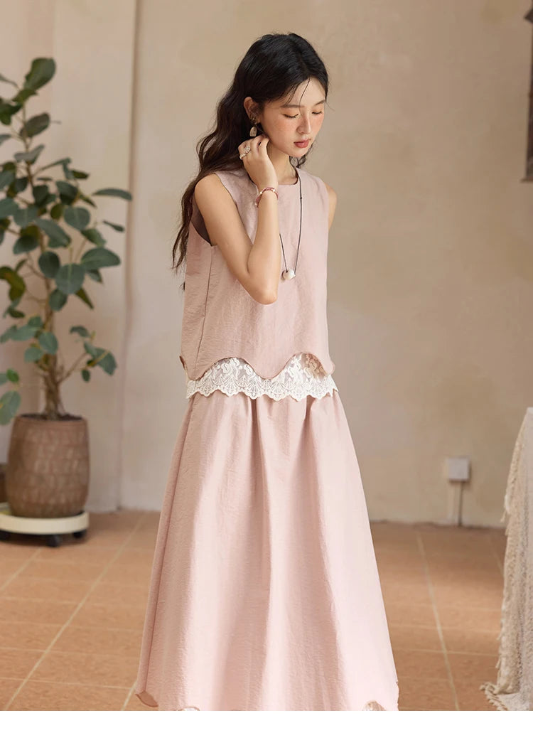 MISHOW Set 2 Piece 2025 Summer Women's O-Neck Lace Patchwork Sleeveless Top Elastic Waist Midi Skirt Elegnat Set MXE36T0641