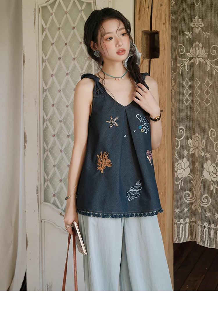 MISHOW Women's Fashion Strap Vest Summer 2025 Embroidery Lace Sleeveless Lady Camis Casual Vacation Tassel Denim Top MXE37X1860