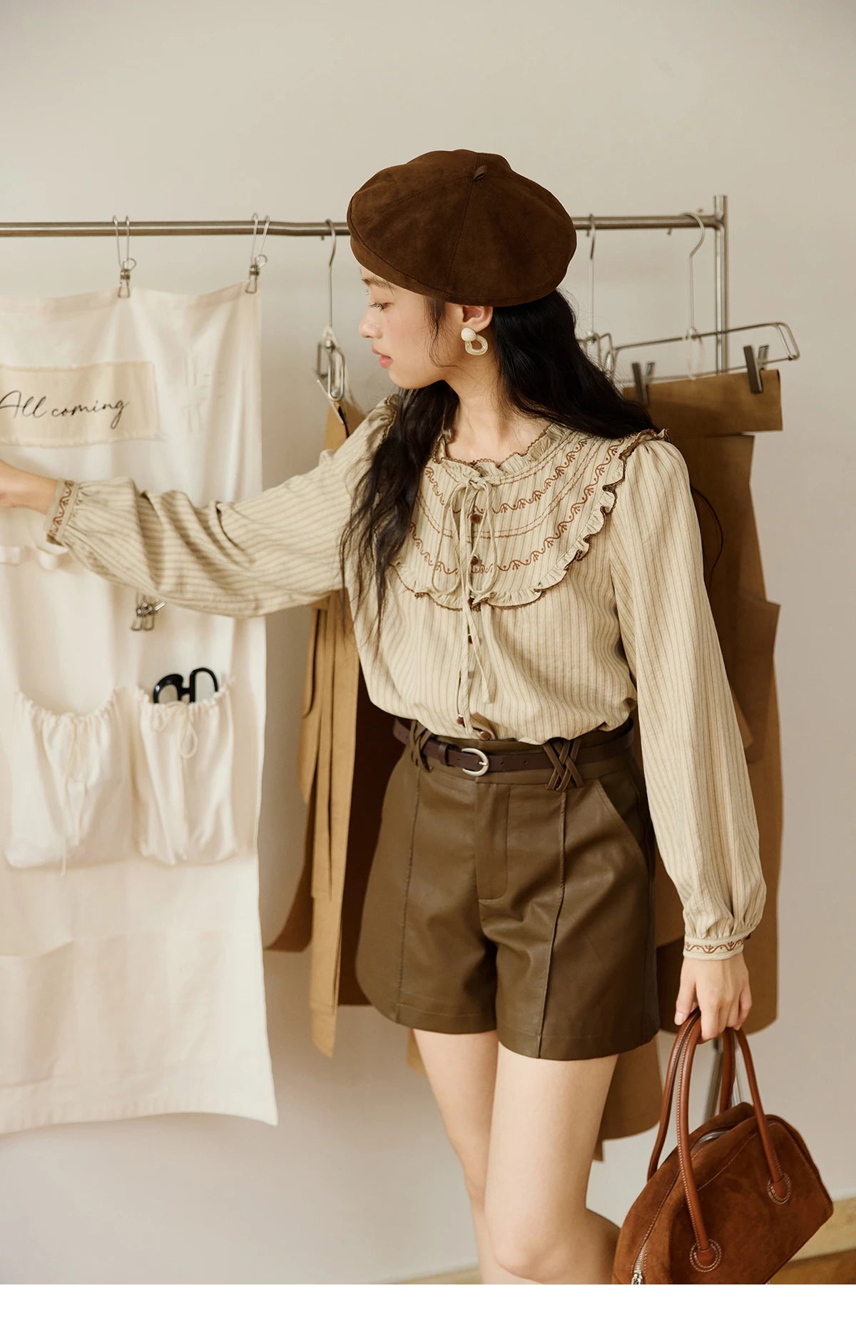 MISHOW Striped Shirt for Woman 2025 New Retro Wood Ear Edge Round Neck Embroidery Top Korean Popular Clothes Autumn MXE46X2492