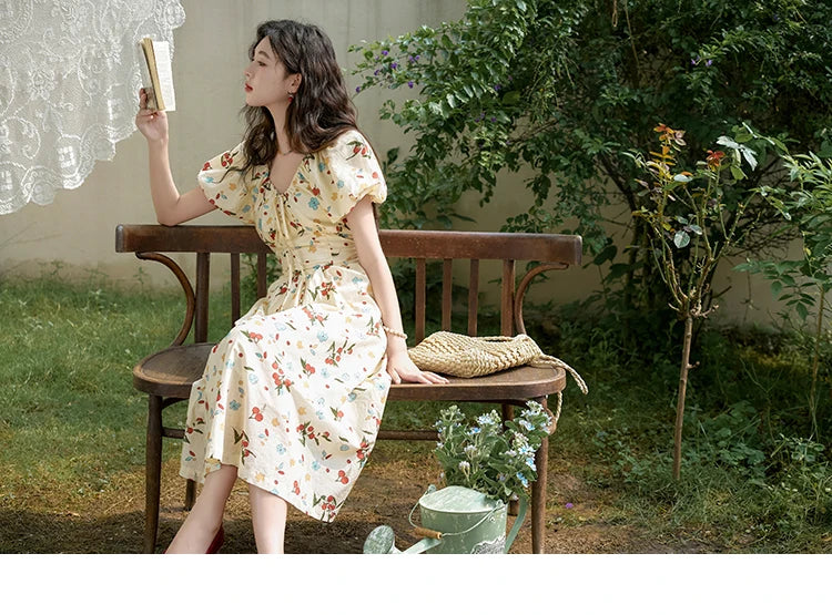 MISHOW French 100 Cotton Floral V-neck Dress Women 2025 Summer Bubble Sleeve Drawstring Lace-up Temperament Dresses MXD30L1868