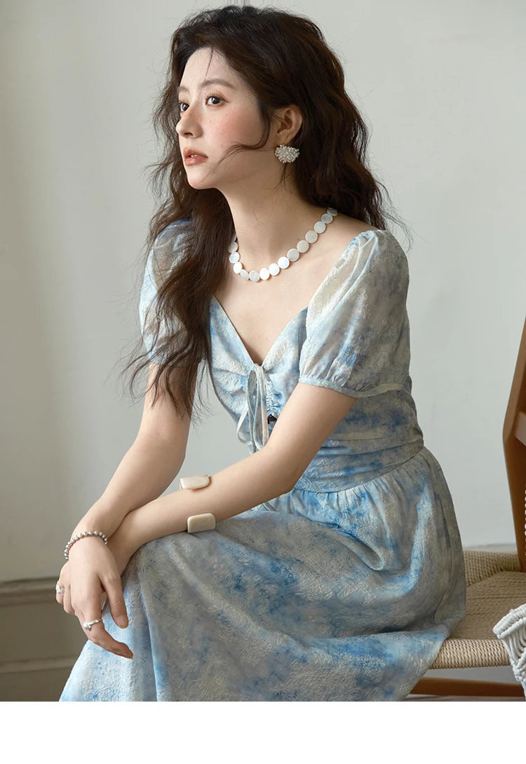 MISHOW Women's Fashion V-neck Lace Up French Dress 2025 Summer Puff Sleeve Embroidery Flower Dress Female Clothing MXE38L2379