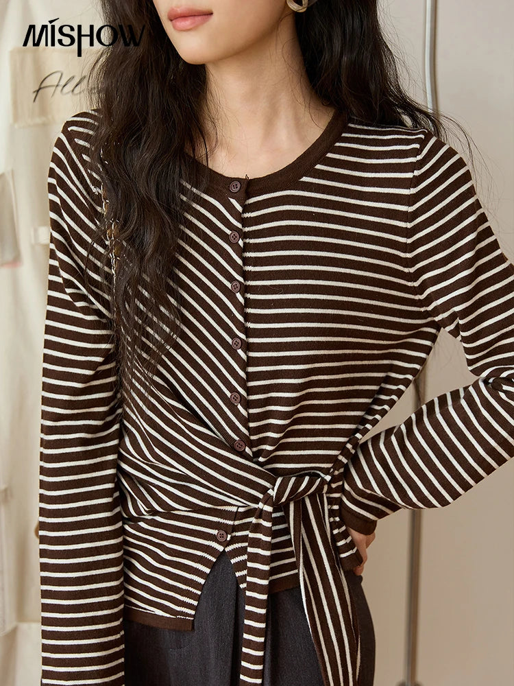 MISHOW Women's Coffee Striped Knitted Top 2025 Autumn Retro Commute Long Sleeves Loose Cardigan Sweater Women Clothes MXE46Z2537
