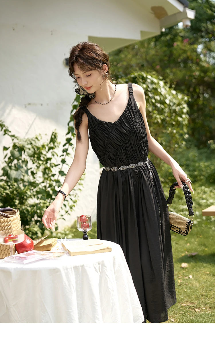 MISHOW French Retro Pleated Upper Suspender Dress for Women 2024 Summer Vacation Sleeveless Solid Mid Length Dresses MXD26L1939