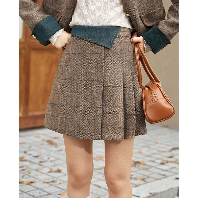MISHOW Fashion Retro Plaid Coat Half pleated Skirt Separately 2024 Autumn Wool Jacket Retro Skirt Office Lady MXC47W0154
