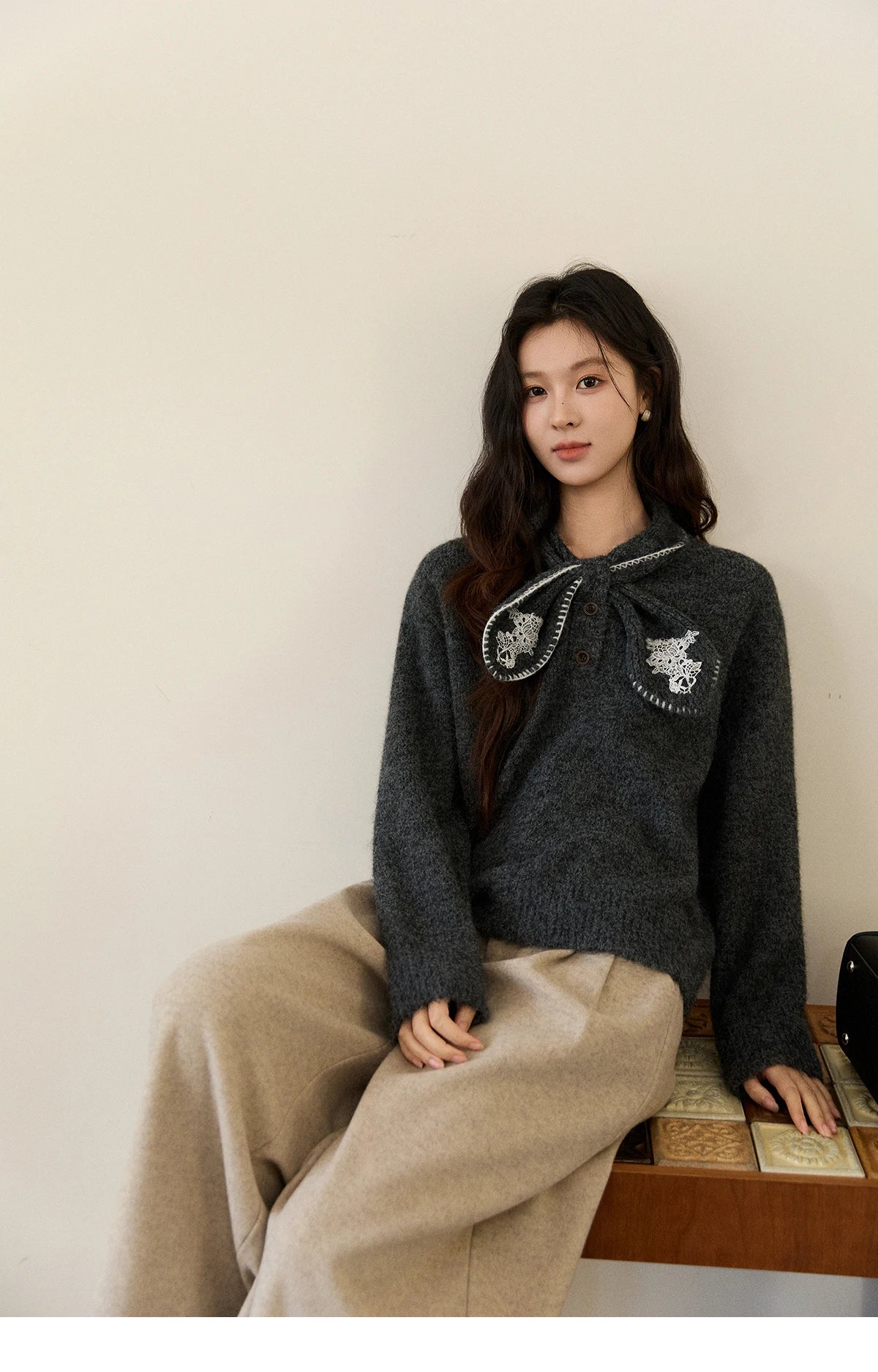 MISHOW Women's Yellow Knitted Sweater 2025 Autumn Winter Bow Collar Splicing Lace Tops Loose Warm Pullover Sweaters MXE94Z2971