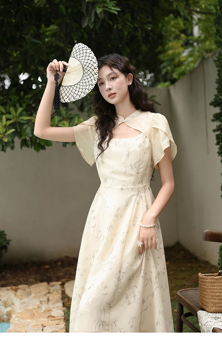 MISHOW Chinese Improved Cheongsam Floral Dress for Women 2024 Summer Hollow Out Fake Two-piece Printed Chiffon Dress MXD23L1799