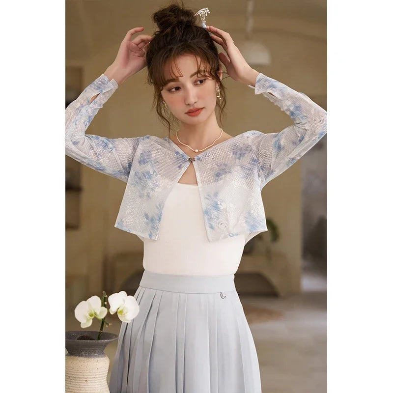 MISHOW Elegant Hollow Out Cardigan Camisole Skirt Separately Spring Lace Printing Short Cardigans Solid Pleated Skirt MXD12W0342