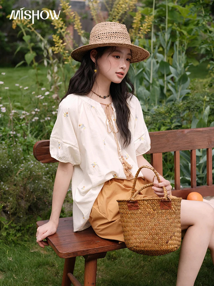 MISHOW Women Two-Piece Set 2025 Summer Puff Sleeve Lace Up Top Hollow Lace Spliced Elastic Waist Shorts Ladies Set MXE38T0684