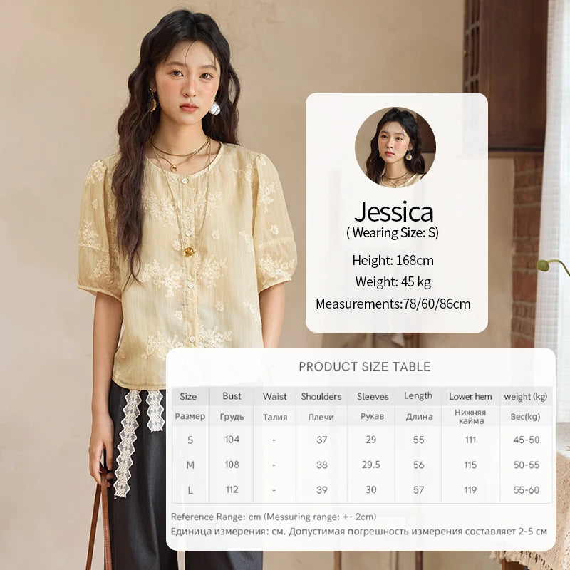 MISHOW French Retro Embroidered Floral Blouse for Women Summer 2025 Round Neck Single Breasted Top Puff Sleeve Blouse MXE36X1874