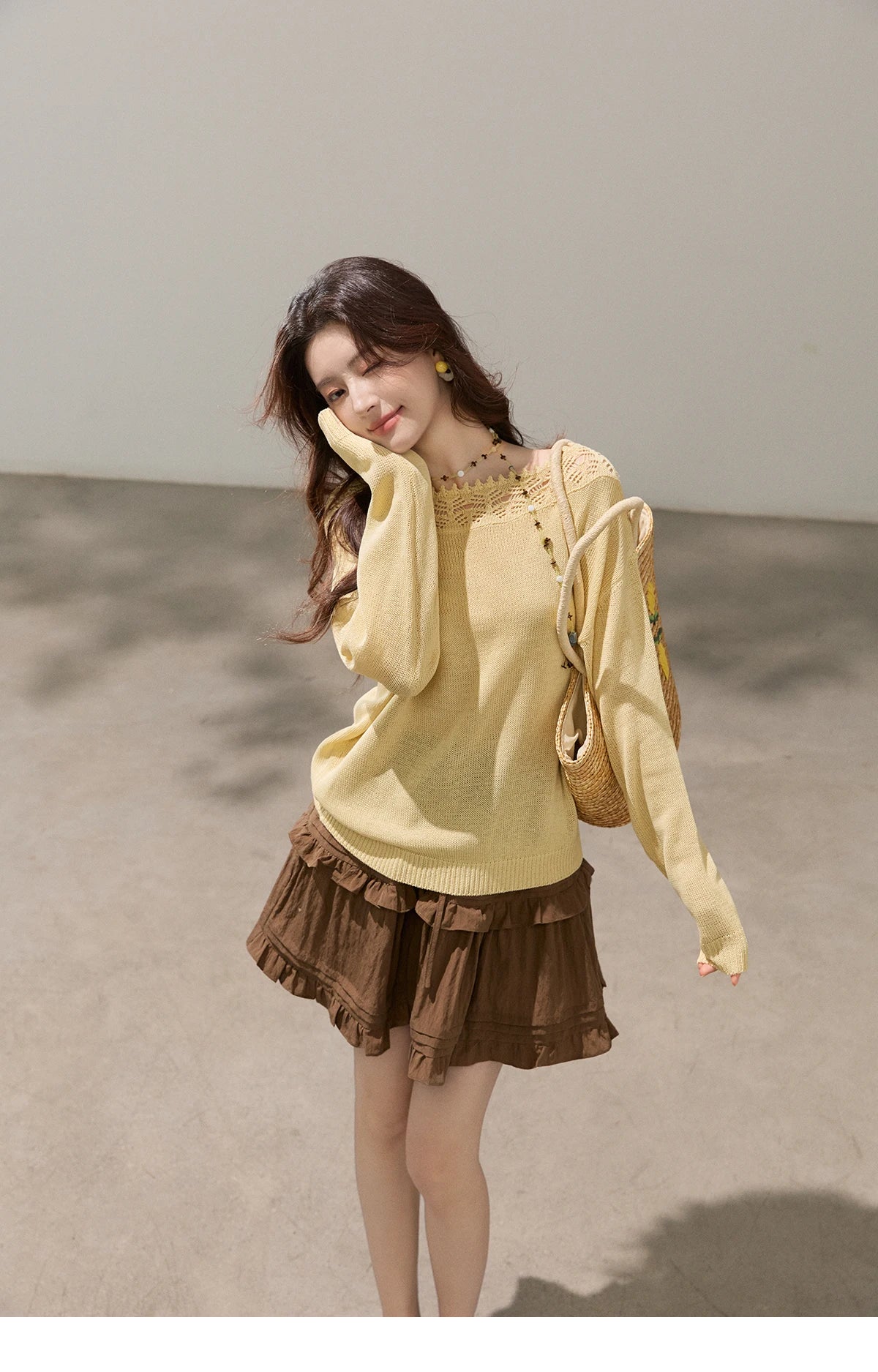 MISHOW Women's Hollowed Out Lace Trim Knit Tops 2026 Spring Boat Neck Long Sleeve Knitwear Casual Soft Yellow Sweater MXF15Z3050