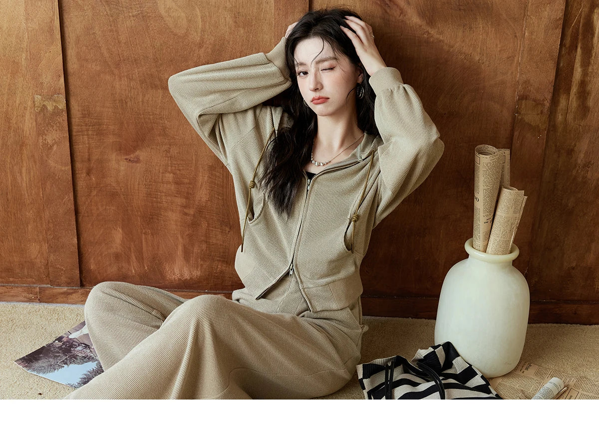 MISHOW Hooded Double Zipper Sweatshirt Knitted Straight Leg Pants Separately Versatile Top Back Elastic Waist Pants MXD44Z0794