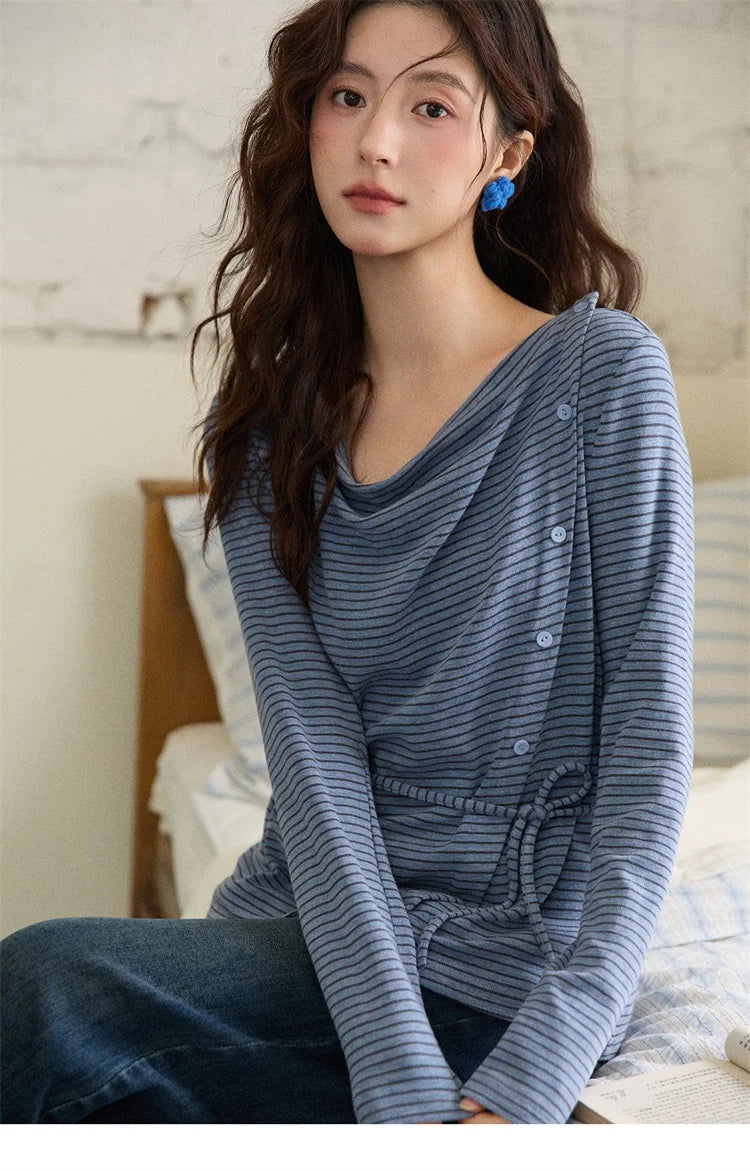 Mishow Retro Crew Neck Tie-Up Striped Top MXE87Z2700