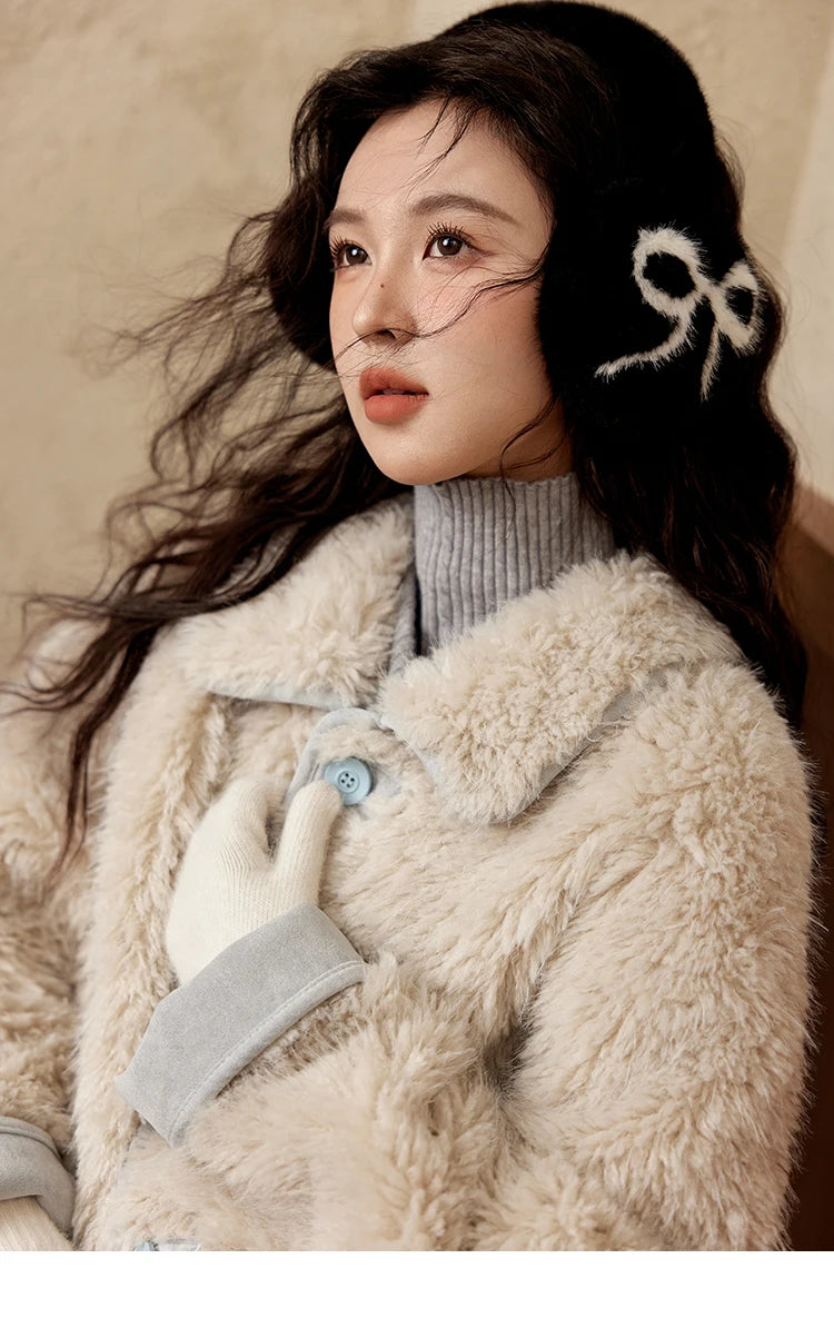 MISHOW Lamb Wool Jacket Women Suede Plush Thick Coat Spliced Turn-Down Collar Sweet Soft Senior Jacket Office Lady MXD59W0753