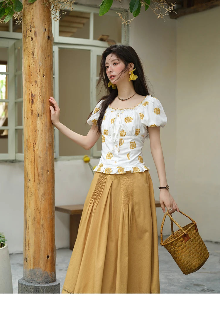 MISHOW Yellow Flower Embroidery Blouse Puff Sleeve Lace Up MXE35X1811