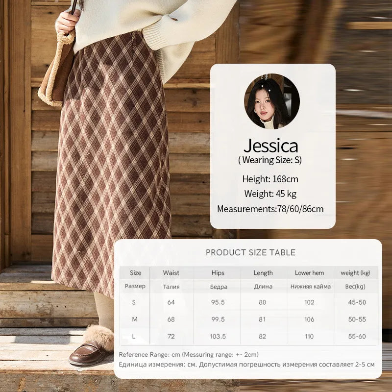 MISHOW Women's Brown Plaid Wool Blend Skirt 2025 Winter High Waist Slim A-Line Back Hem Split Back Elastic Midi Skirt MXE94B2461