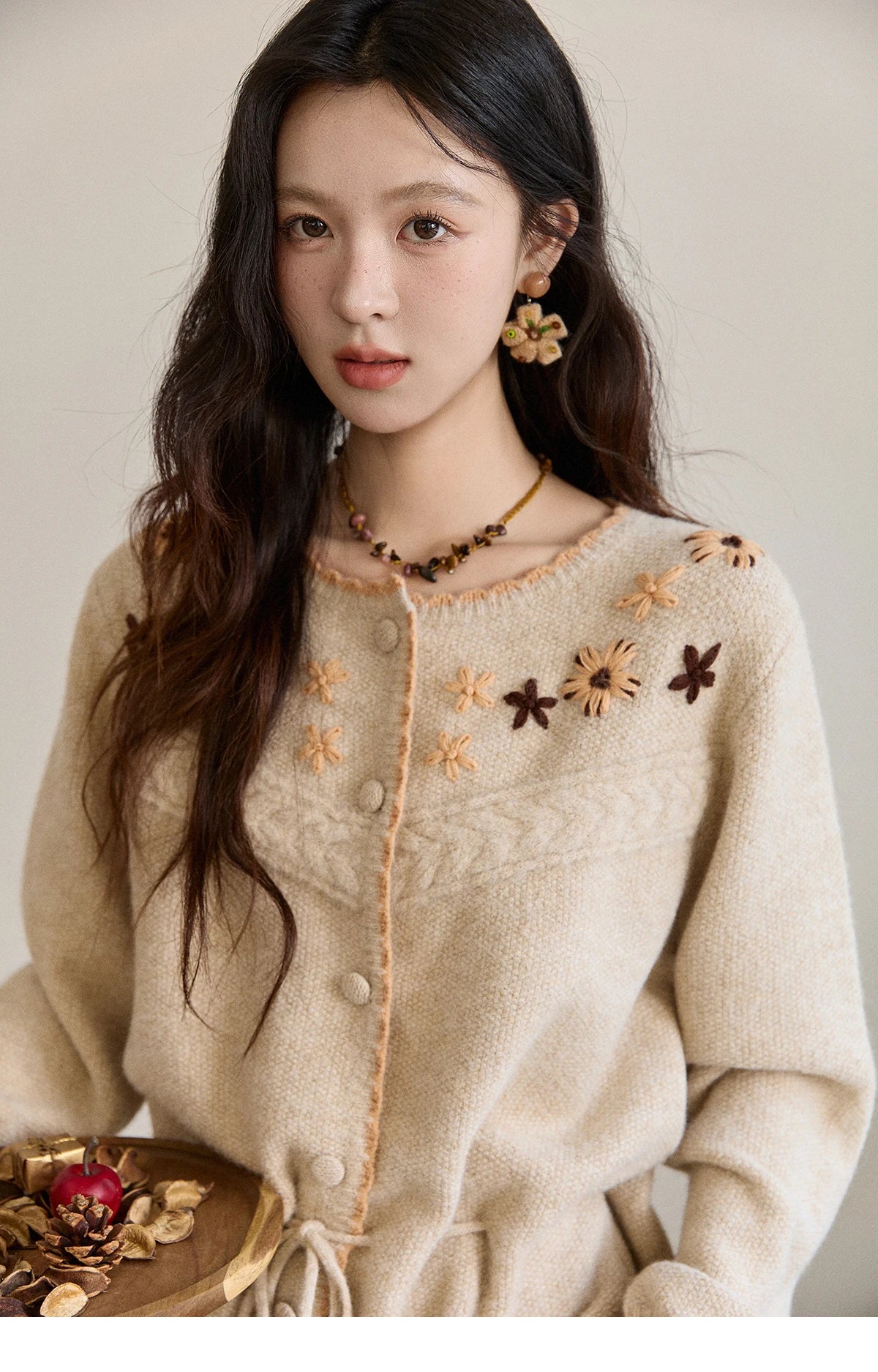MISHOW Women's Apricot Hand-Embroidered Cardigan 2025 Winter Wool Blend Sweater Waist Tie Crochet Thick Warm Knitwear MXE87Z2702