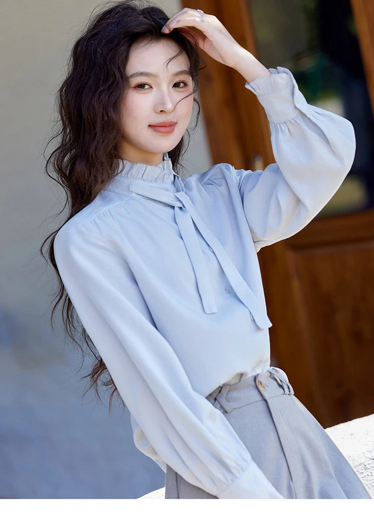 MISHOW French Ribbon Stringy Selvedge Neck Shirt for Women Spring 2025 Slim 100 Lyocell Shirts Solid Commuter Tops MXE13C0383