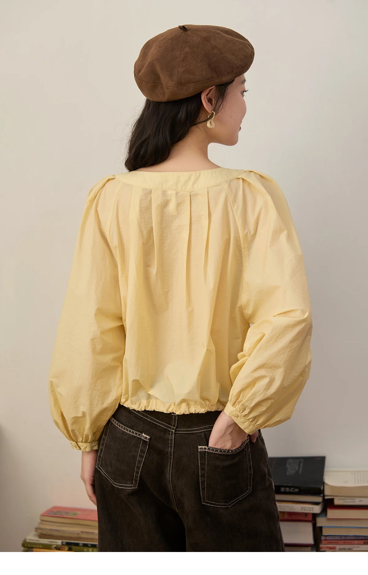 MISHOW Light Yellow Pleated Shirt 2025 Autumn Drawstring Hem Lantern Sleeve Top O-neck Cotton Blend Casual Shirts MXE45X2490