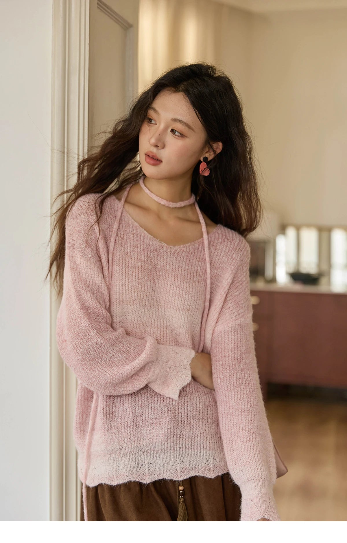 MISHOW Women's Pink Gradient Knitted Top 2025 Autumn French Wool Blend Ribbed Cuff Long Sleeve Tops with Knitted Rope MXE43Z1334