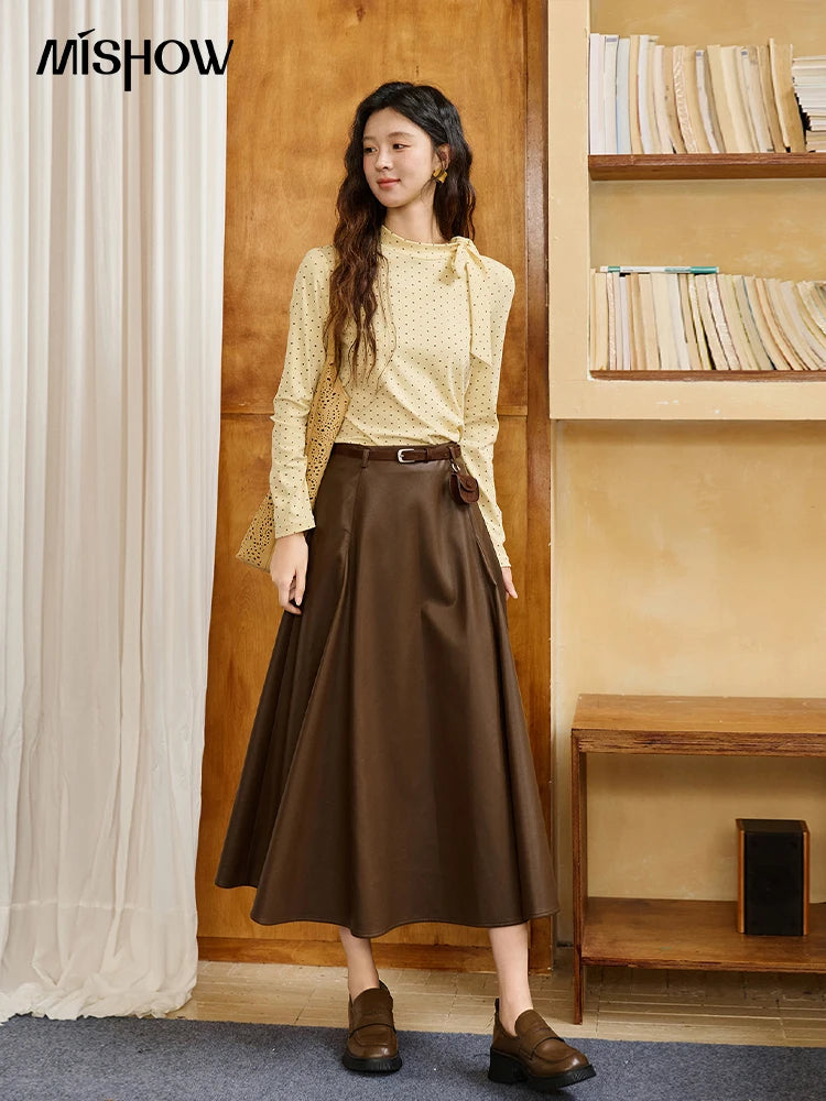 MISHOW Elegant Woman Pullovers 2025 Autumn Sweet Retro Yellow Polka Dot Knitted Top Lace Up Collar Slim Fit Tops MXE45Z1379