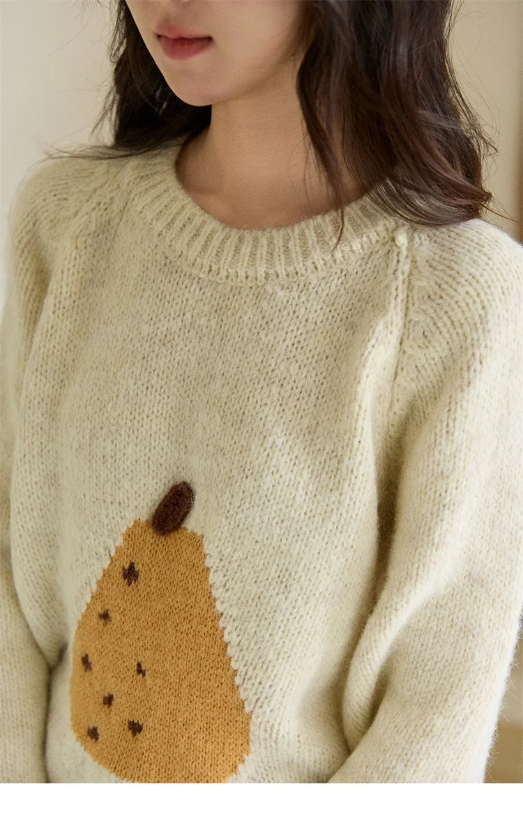 MISHOW Pear Pattern Jacquard Knitted Sweater Autumn Winter Crew Neck Loose Sweaters Wool Blend Warm Pullover Tops MXE94Z2959