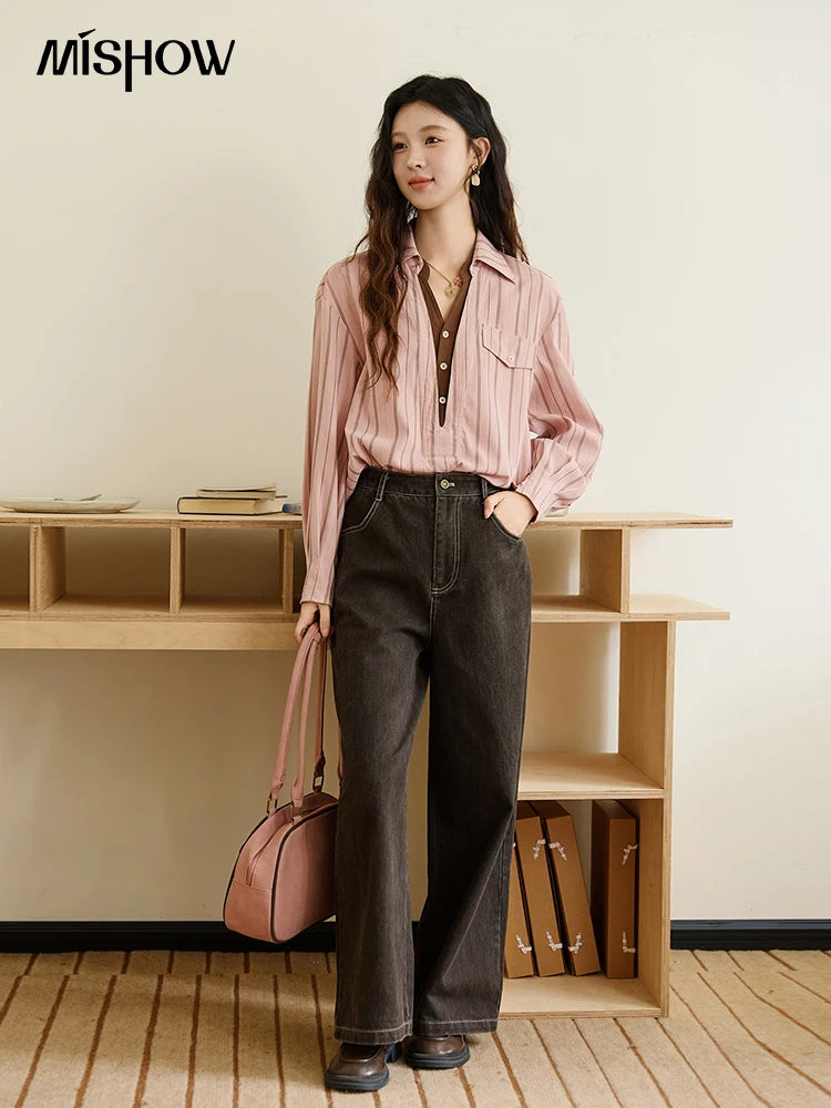 MISHOW Peach Skin Velvet Stripe Shirt for Women Autumn 2025 Double Layered Collar Contrasting Color Shirt Commute Top MXE47C2408