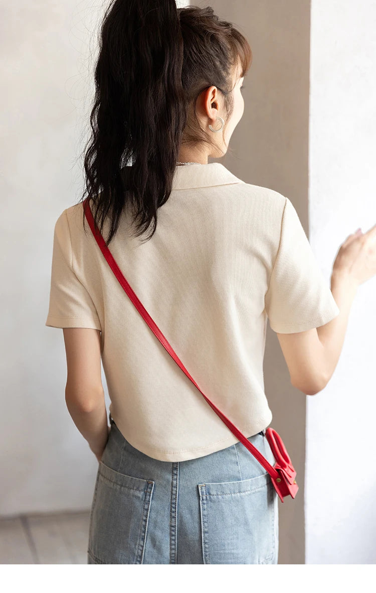 MISHOW Summer T-shirts for Women Korean Fashion Polo Collar Embroidery Letter Short Tops Harajuku Casual Solid Tees MXB32T0477