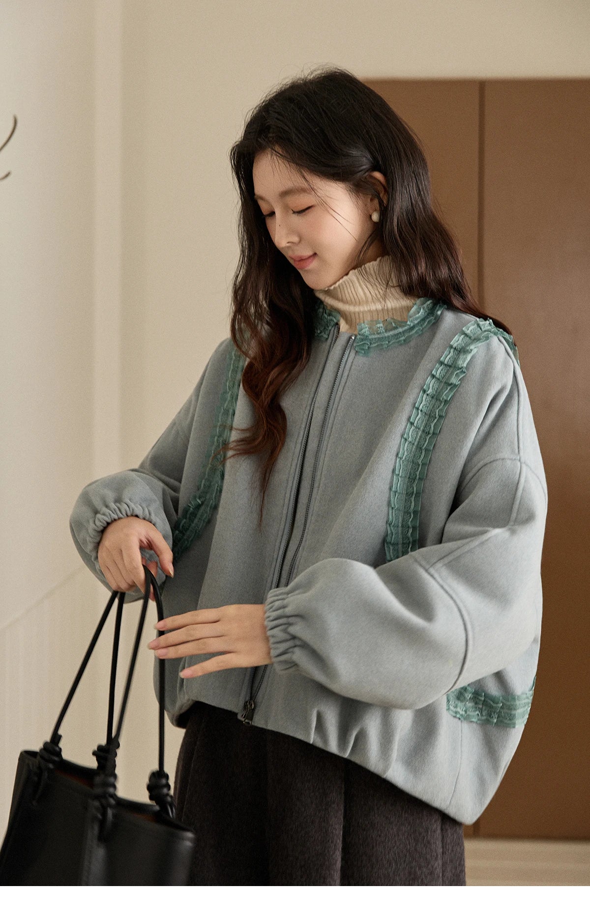 MISHOW Women's Light Blue Down Coats Winter Lace Decor Zipper Puff Sleeve Coats O Neck Loose Casual Warm Outerwear MXE94W1048