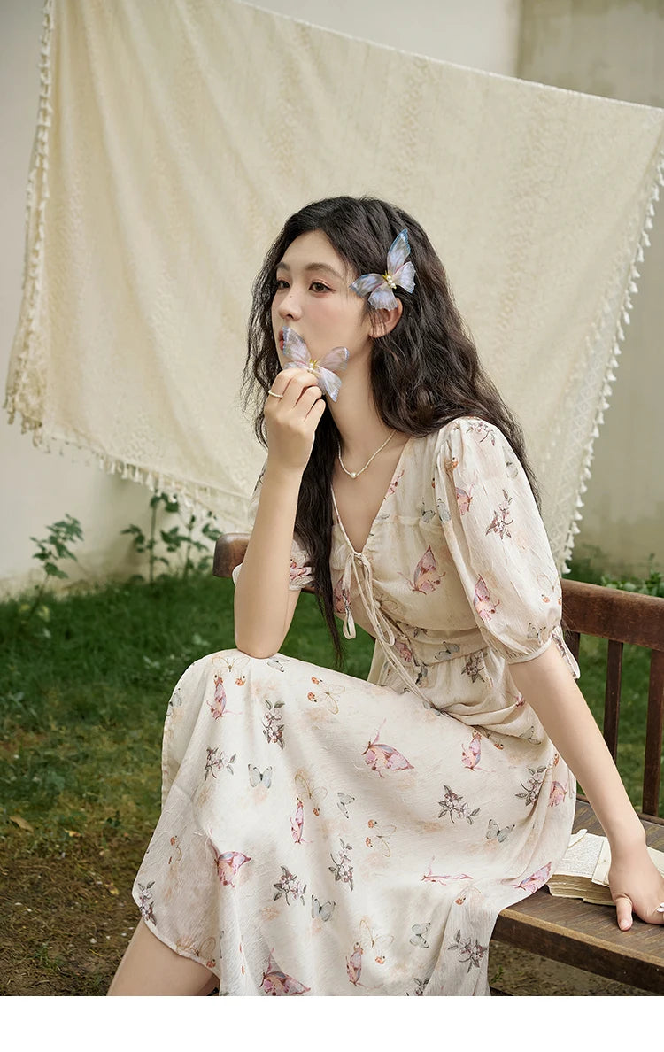 MISHOW Butterfly Printing Dress for Women 2025 Summer Luxury Elegant V-neck Lace-up Bubble Sleeves Slim Long Dress MXD15L1778
