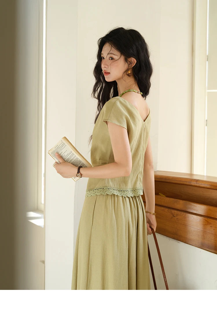 MISHOW Two-Piece Ladies Set 2025 Summer New Fashion V-neck Button Lace Hollow Out Spliced Top Pocket A-line Skirt Set MXE39T0665