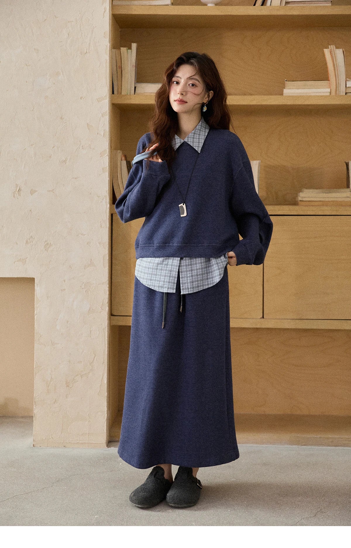 MISHOW Blue Plaid Sweatshirt Suit Women's 2025 Winter Fashion Turn-down Collar Knitted Top Straight Skirt Woman Sets MXE87T1445