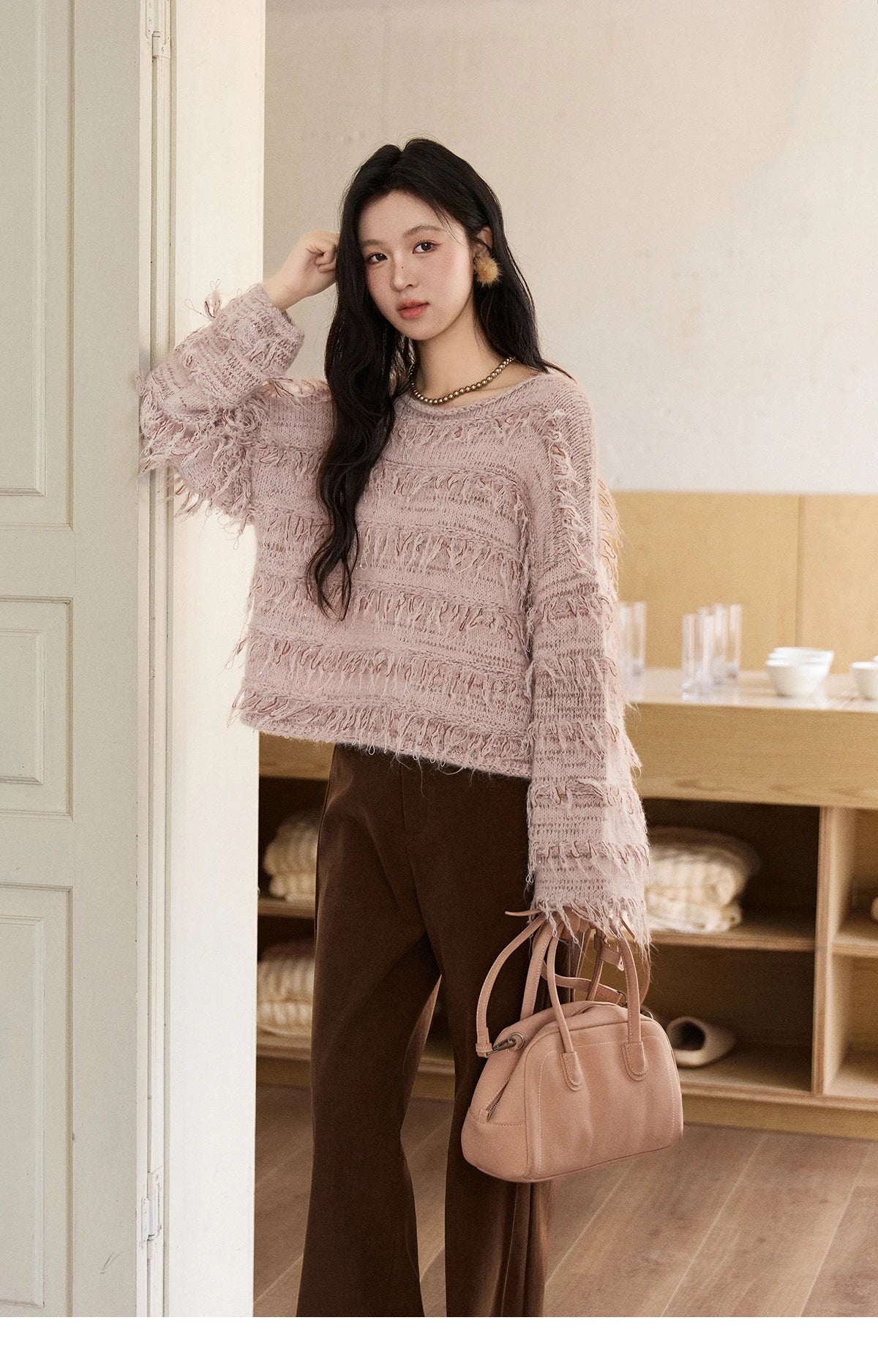 MISHOW Tassel Bead Wool Blended Sweater Autumn Winter 2025 Elegant Thick Knitted Sweater Loose Warm Tops Office Lady MXE90Z2822