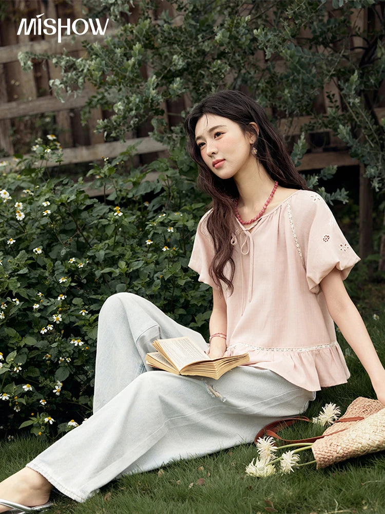 MISHOW French Summer Blouse Women 2025 Short Puff Sleeve Round Neck Solid Hollow Embroidery Shirts Woman Holiday Thin MXE31X1747