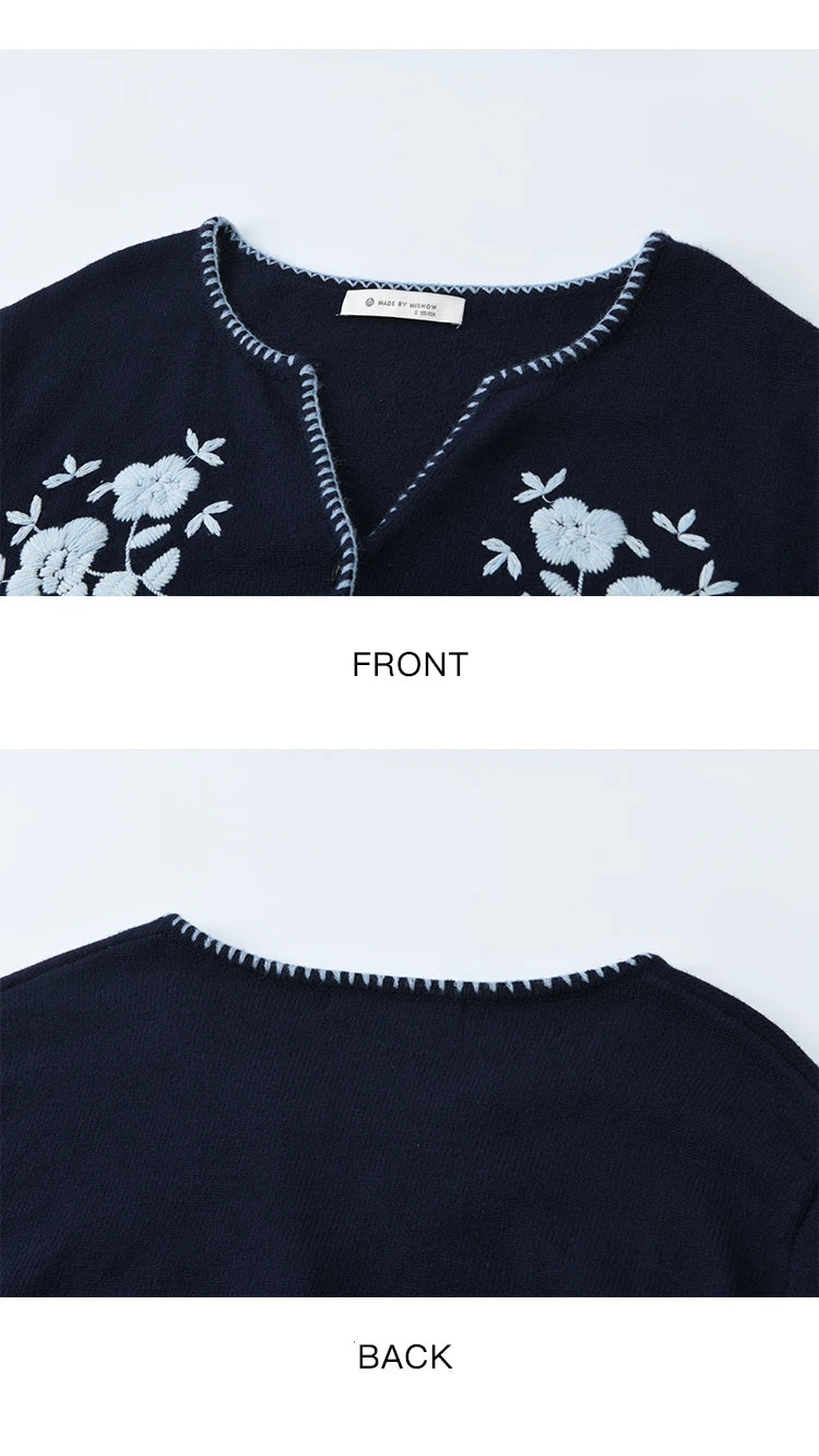 MISHOW Dark Blue Cardigan Women 2025 Autumn New French Vintage Embroidered Knit Cardigan Casual Round Neck Sweater MXE45Z1381