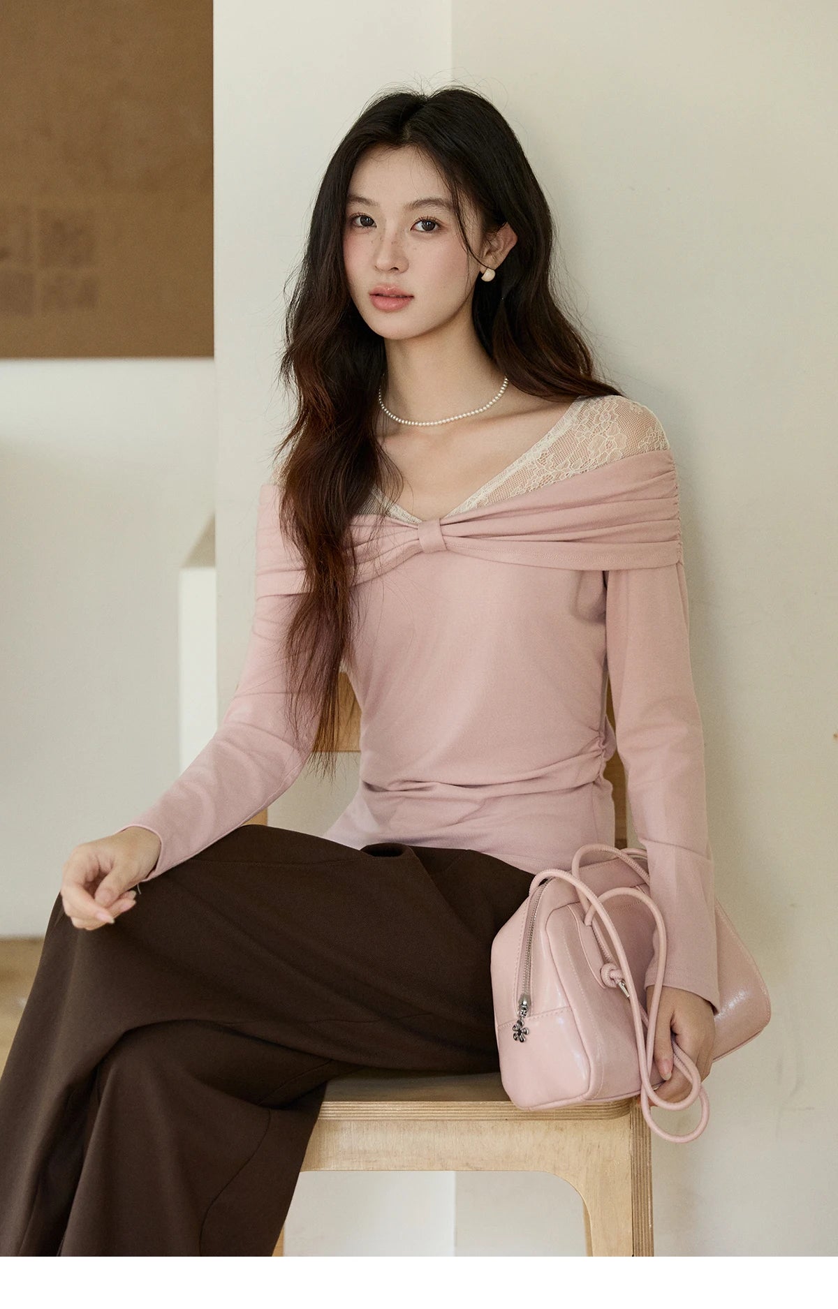 MISHOW Women's Lace Patchwork One Shoulder T-shirt 2026 Spring Twist Casual Slim Tees Sweet Pink Long Sleeve Tops MXF108Z1026