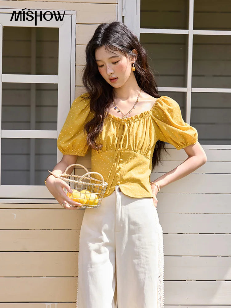 MISHOW Yellow Polka Dot One Shoulder Blouses for Women Summer 2025 Back Elastic Vintage 100 Cotton Top Lace-up Blouse MXE35X1840