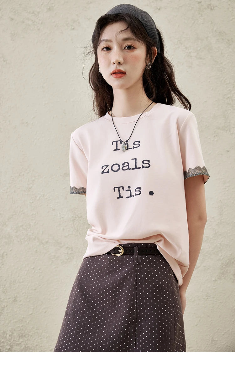MISHOW Casual Pink Letter T-shrit Women Summer 2025 New Short Sleeve Round Neck Shirts Woman Fashion Lace Tops Lady MXE32T0529
