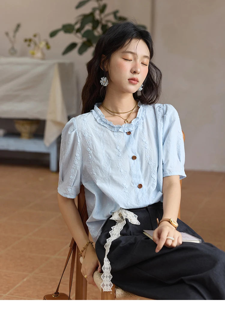 MISHOW 100% Cotton Women's Puff Sleeve Shirt 2025 Summer New Fashion Round Neck Button Top Casual Female Clothing MXE36X1873