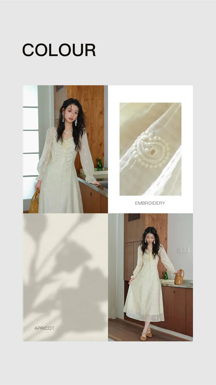 MISHOW Women's Cashew Flower Embroidered Dress 2025 Autumn V-neck Drawstring Long Sleeves Ladies Elegant Slim Dresses MXE41L2387