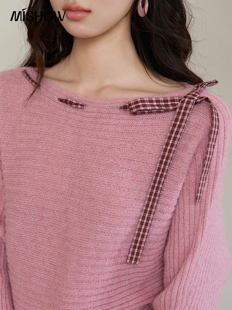 MISHOW Women's Pink Ribbed Knit Sweater 2026 Spring Plaid Bow Decor Peplum Hem Long Sleeve Casual Slim Pullover Tops MXF11Z3016