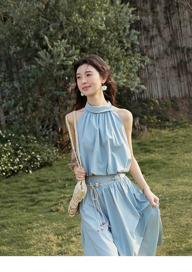 MISHOW Vacation Skirt Set Woman 2025 New Solid Halter Neck Sleeveless Short Tops Midi Loose Skirt Female with Belt MXE33T0546