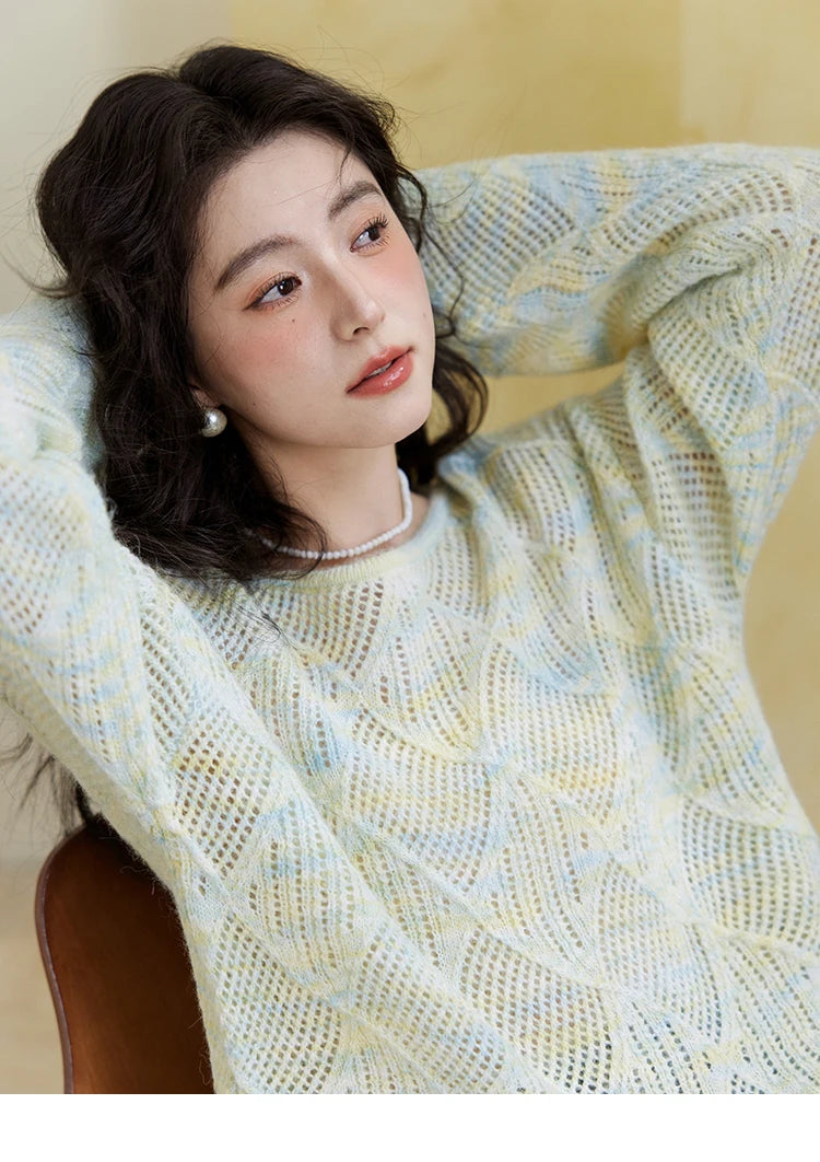 MISHOW Women's Hollow Knitted Sweater 2025 Spring Loose Thin Dropped Shoulder Top Wool O Neck Hem Wavy Edge Sweaters MXE14Z1208