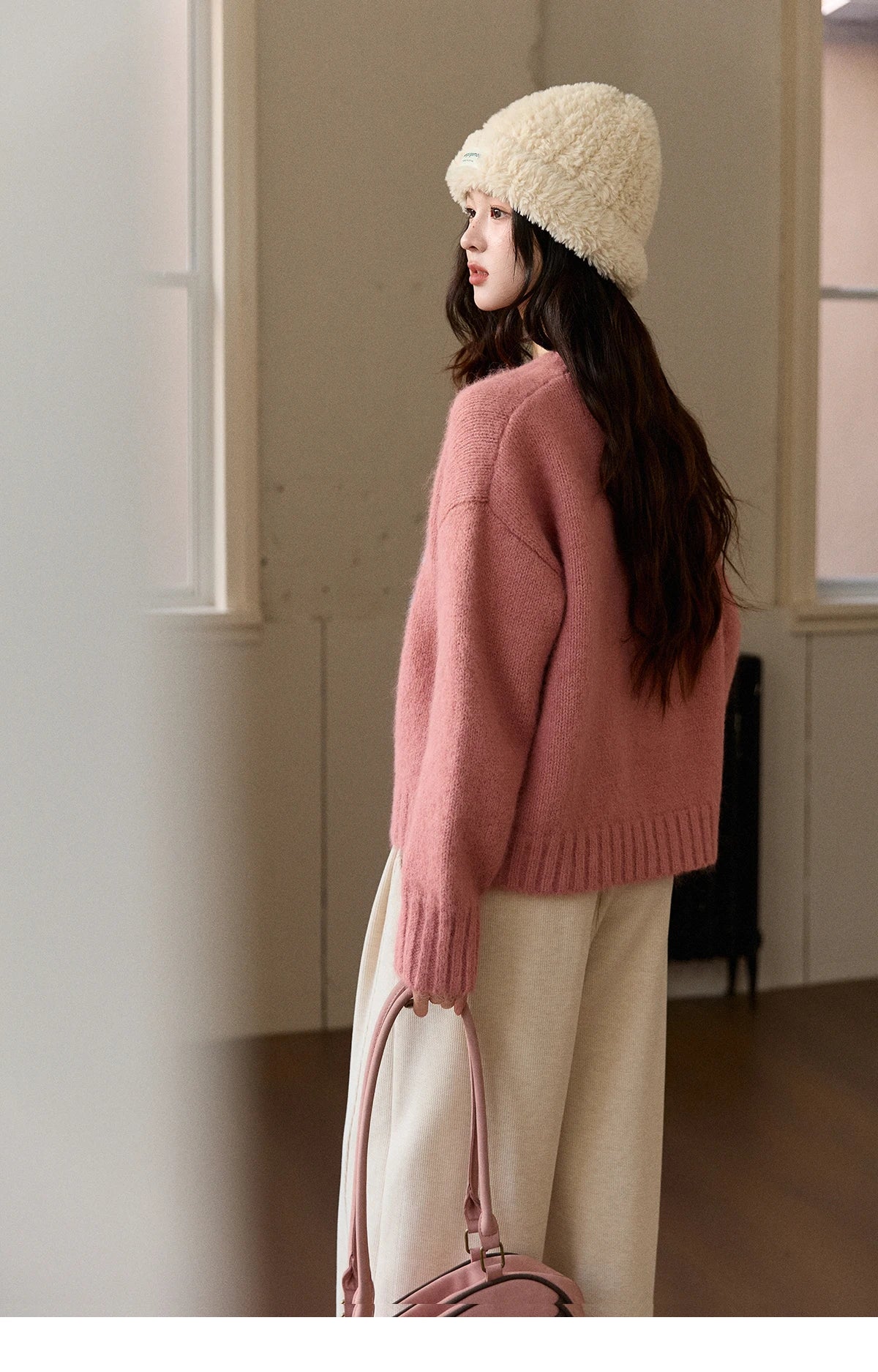 Mishow Pink Jacquard Crew Neck Pullover MXE91Z2831